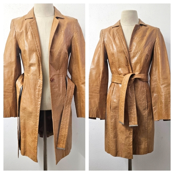 Express Y2K Crinkle Leather Belted Camel Coat Size 1/2 - Picture 1 of 16